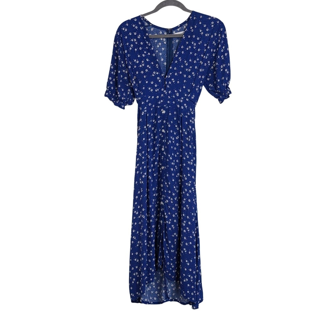 Faithfull The Brand Farah Midi Dress Women m US 6 Blue Floral V-Neck Puff Sleeve